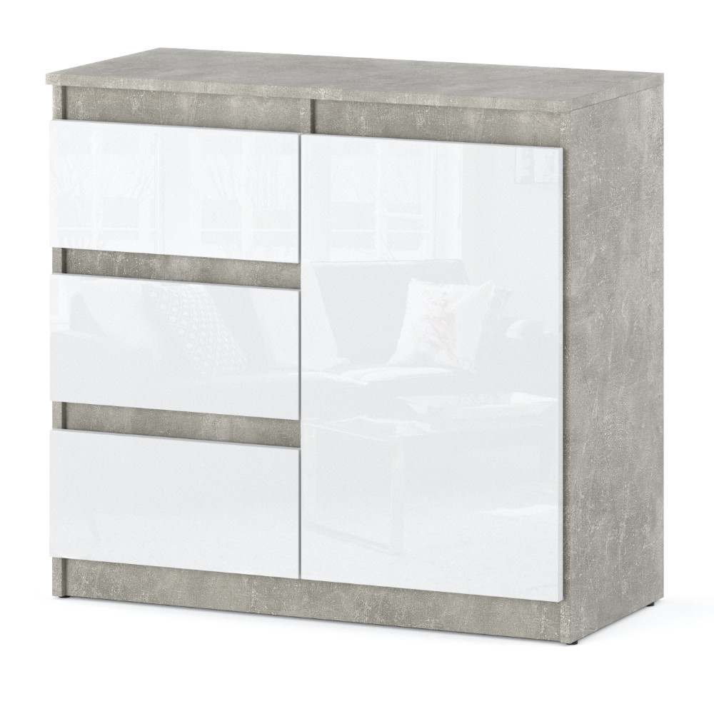 komoda-agnes-80cm-3-szuflady-1-drzwi-beton-bialy-polysk Komoda Agnes 80cm z 1 drzwiami i 3 szufladami na tle w kolorze bialym z korpusem w kolorze beton i frontami w kolorze bialy polysk