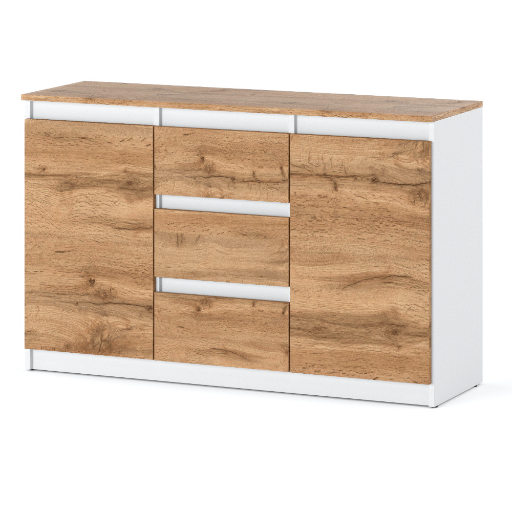 komoda-agnes-plus-120-cm-bialy-mat-dab-wotan Komoda Agnes 120cm z 2 drzwiami i 3 szufladami na bialym tle z korpusem w kolorze bialy mat oraz frontami i blatem w kolorze dab wotan