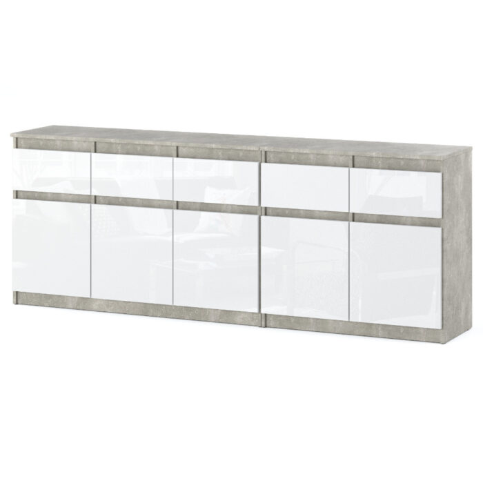 Komoda Best Oleksa 200cm z 6 drzwiami i 6 szufladami na tle w kolorze bialym z korpusem w kolorze beton i frontami w kolorze bialy polysk