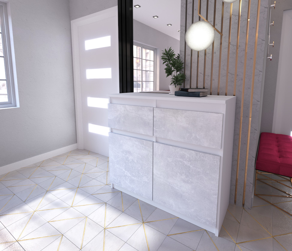 Komoda Oleksa z 2 drzwiami i 2 szufladami na tle rzeczywistym z korpusem w kolorze bialy mat i frontami w kolorze beton