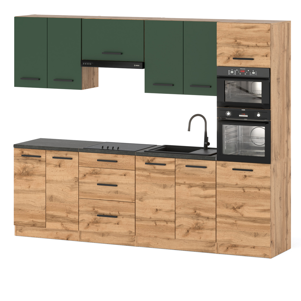 zestaw-kuchenny-marra-260-cm-wotan-butelkowa-zielen-wotan zestaw mebli kuchennych Marra o szerokości 260cm z korpusem w kolorze dąb wotan oraz frontami w kolorze butelkowa zieleń i dąb wotan na białym tle